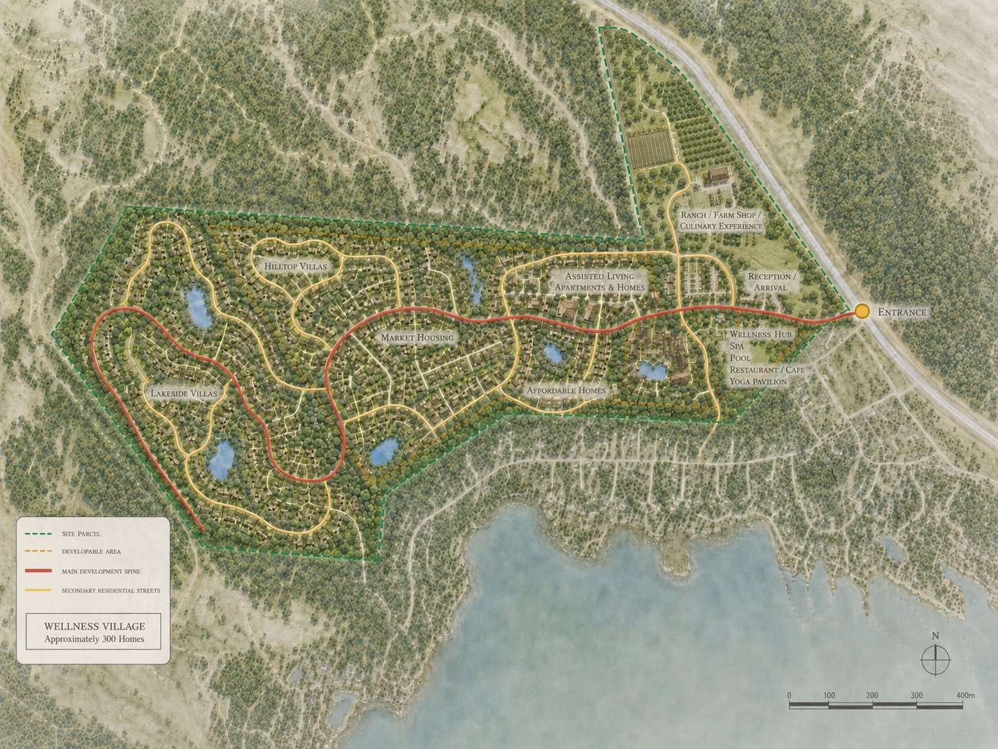 108 Mile Ranch Wellness Village masterplan — approximately 300 homes across 370 acres