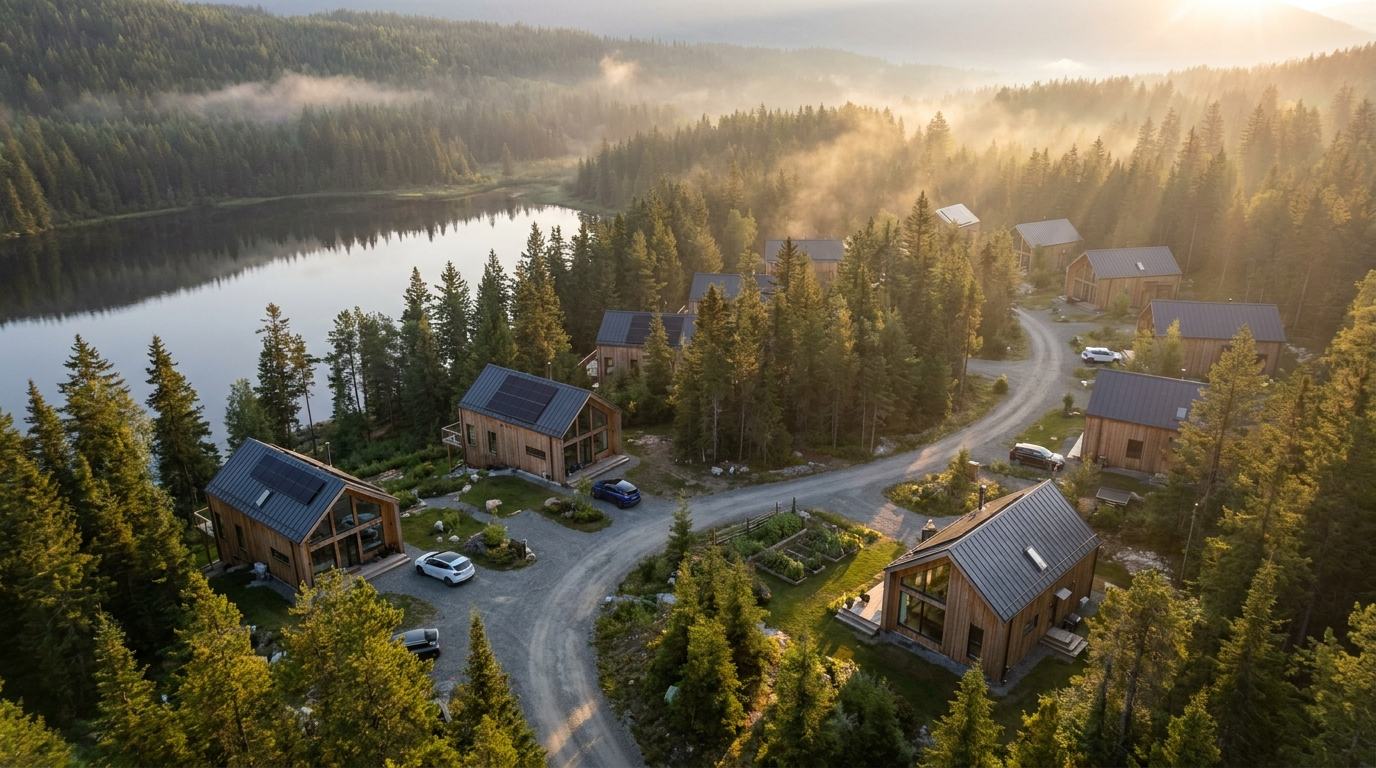 Aerial view of 108 Mile Ranch homes with solar roofs beside the lake at dawn