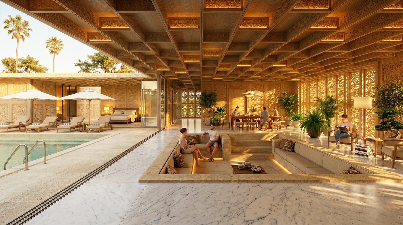 Interior visual of an open-plan living space with carved timber ceiling and pool terrace