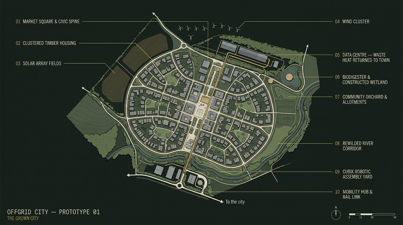 Masterplan of Offgrid City Prototype 01: a walkable core of clustered timber housing around a market square and civic spine, ringed by solar array fields, a wind cluster, a data centre returning waste heat to the town, a biodigester and constructed wetland, community orchard and allotments, a rewilded river corridor, the CUBIK robotic assembly yard, and a mobility hub with rail link.